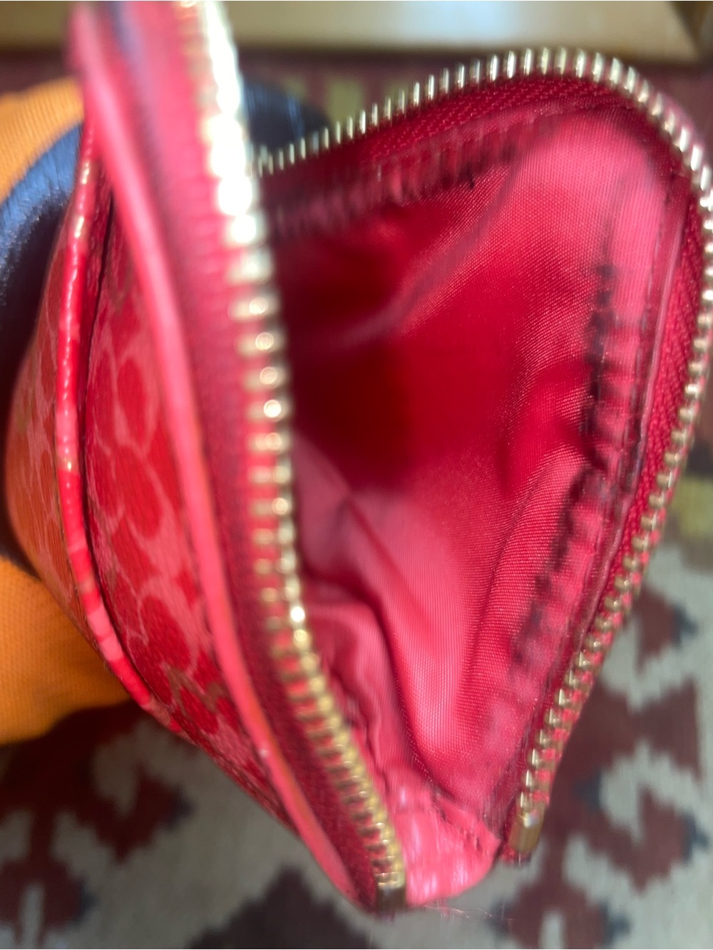 Vintage Coach Pink-Red Gold Heart Print Mini Wristlet with Gold Accents - Picture 7 of 10